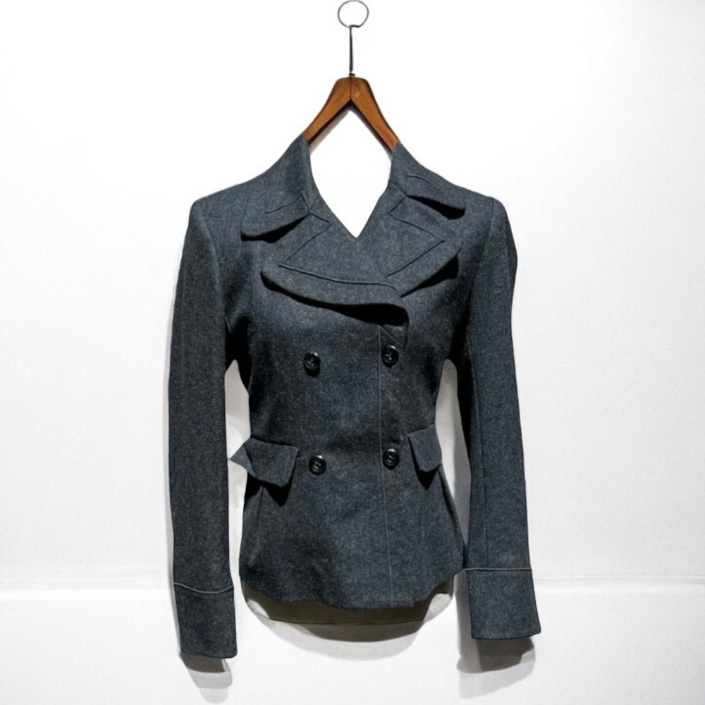 🌻Harve Benard Classic Grey Wool Blend Double Breasted Cropped Pea Blazer Coat 6 - Picture 3 of 12
